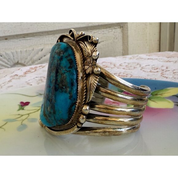 Vintage Ray Nez Heavy Large Blue Turquoise Sterling Cuff Bracelet - Picture 7 of 14